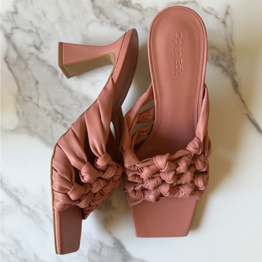 Open Edit Pink Braided Square-Toe Heeled Mules